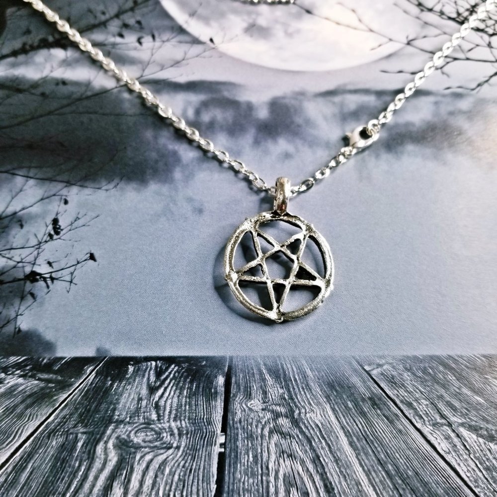 Silver Interlocking Pentagram Necklace LHP Gothic - Picture 4 of 4